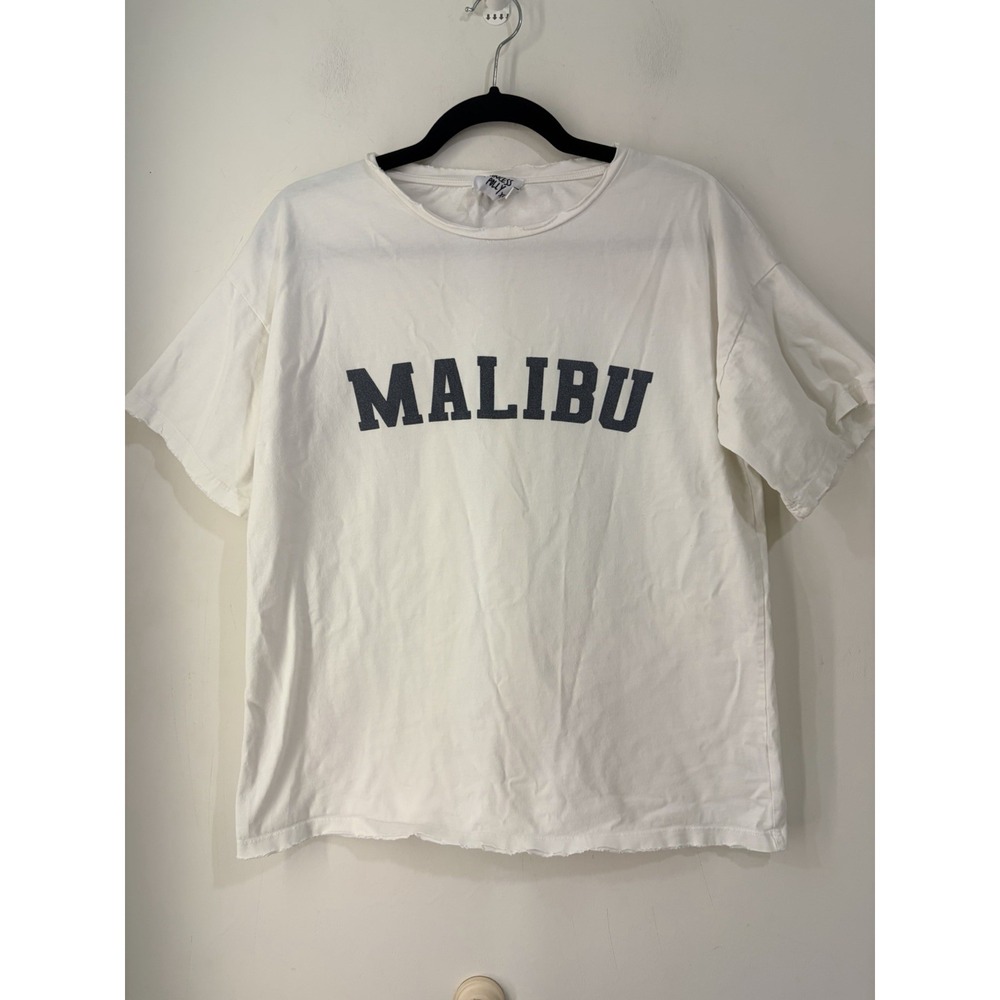 Princess Polly Malibu Graphic‎ Tee White Oversized Raw Hem 100% Cotton US 4